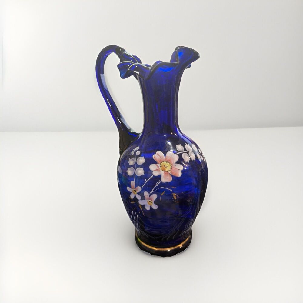 Vtg Cobalt Blue Glass Pitcher Hand Blown Hand Painted Flowers Ruffled Gilded